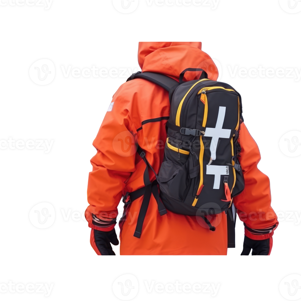 Back Side of Rescuer Wear Orange Jacket and First Aid Bag on Background. png