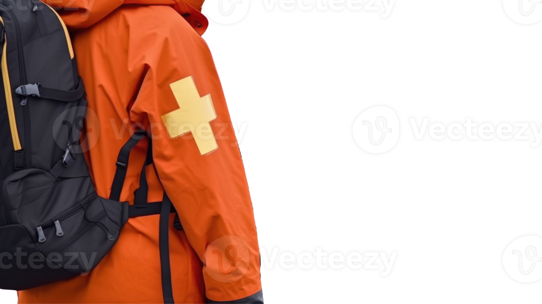 Back Side of Rescuer Wear Orange Jacket and First Aid Bag on Background. png