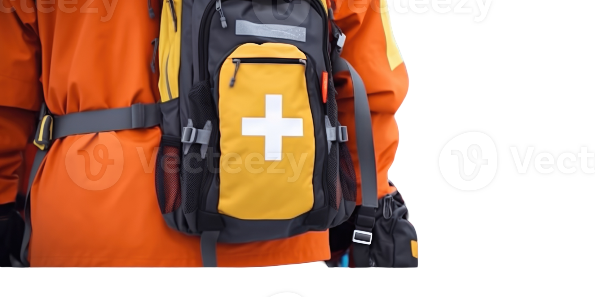 Back Side of Rescuer Wear Orange Jacket and First Aid Bag on Background. png