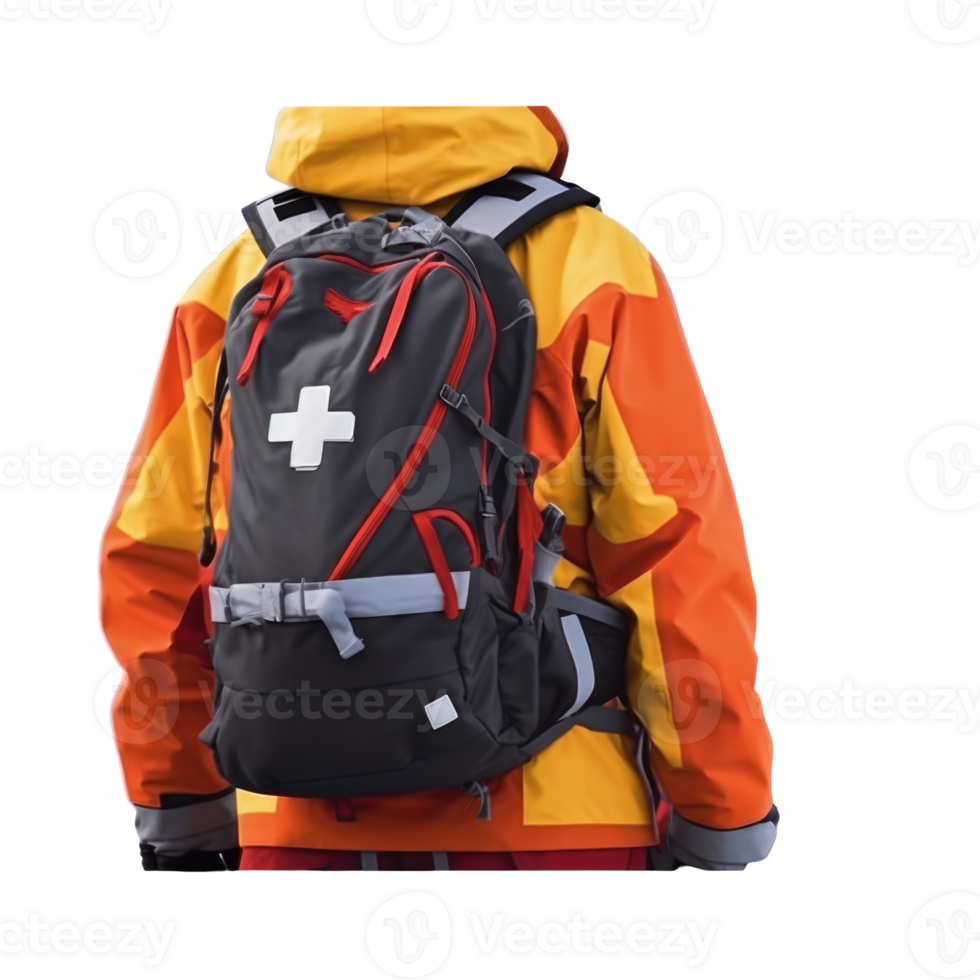Back Side of Rescuer Wear Orange Jacket and First Aid Bag on Background. png