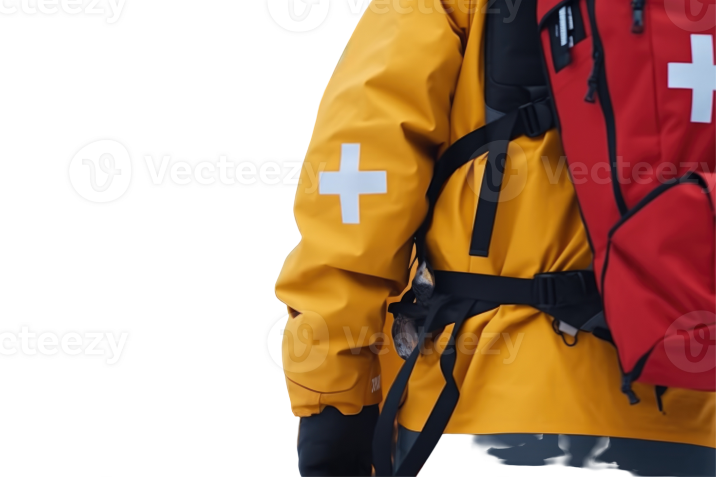 Back Side of Rescuer Wear Orange Jacket and First Aid Bag on Background. png