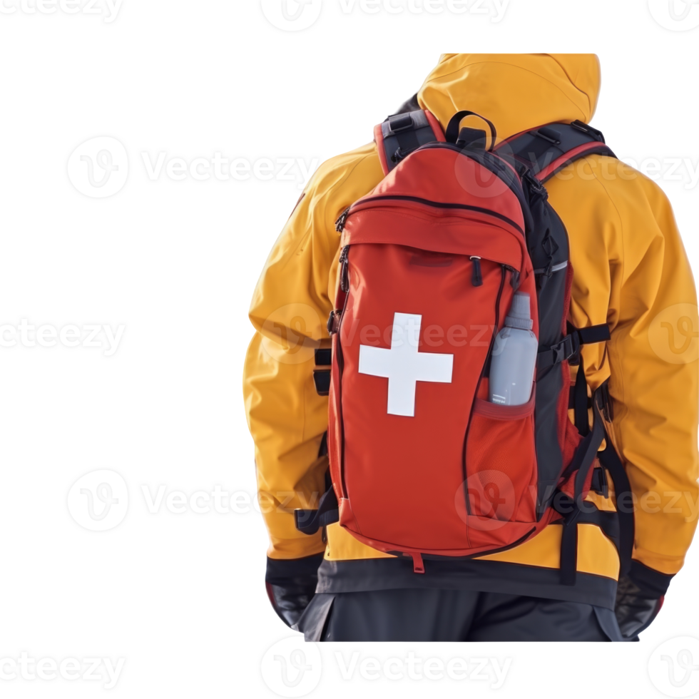 Back Side of Rescuer Wear Orange Jacket and First Aid Bag on Background. png