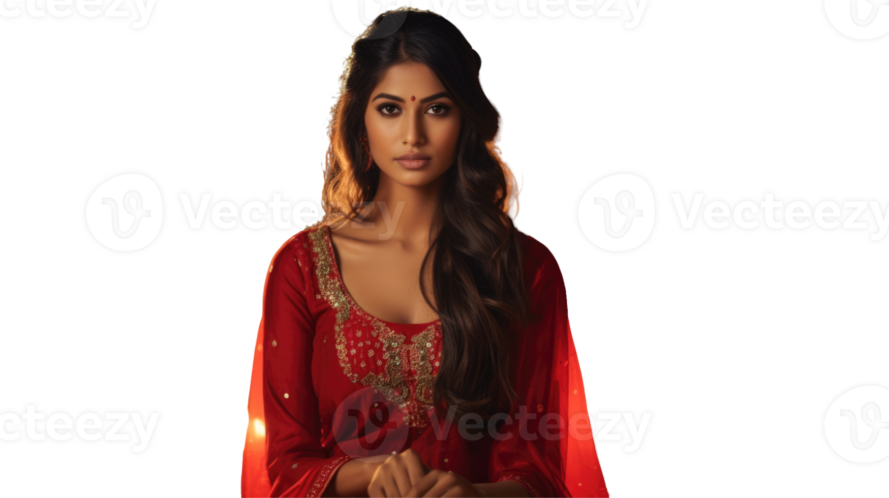 Beautiful Indian Woman Photo in Red Suit on Background. png