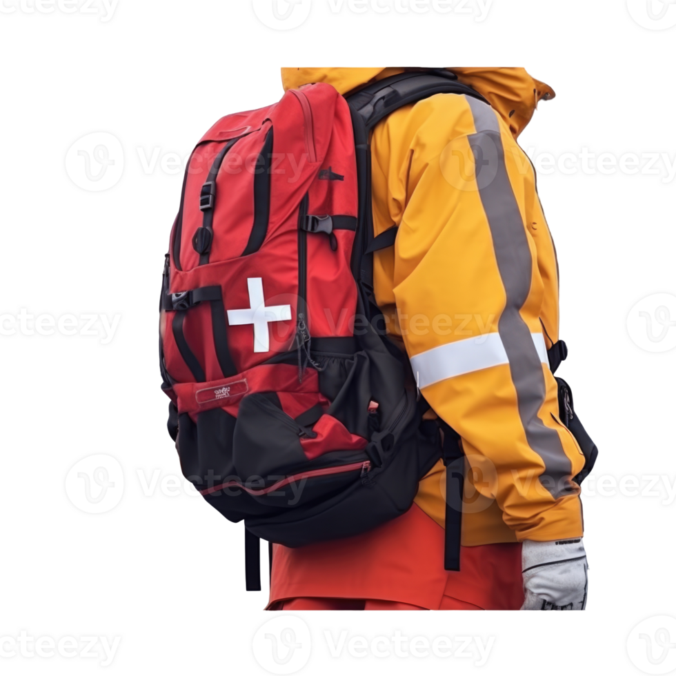 Back Side of Rescuer Wear Orange Jacket and First Aid Bag on Background. png