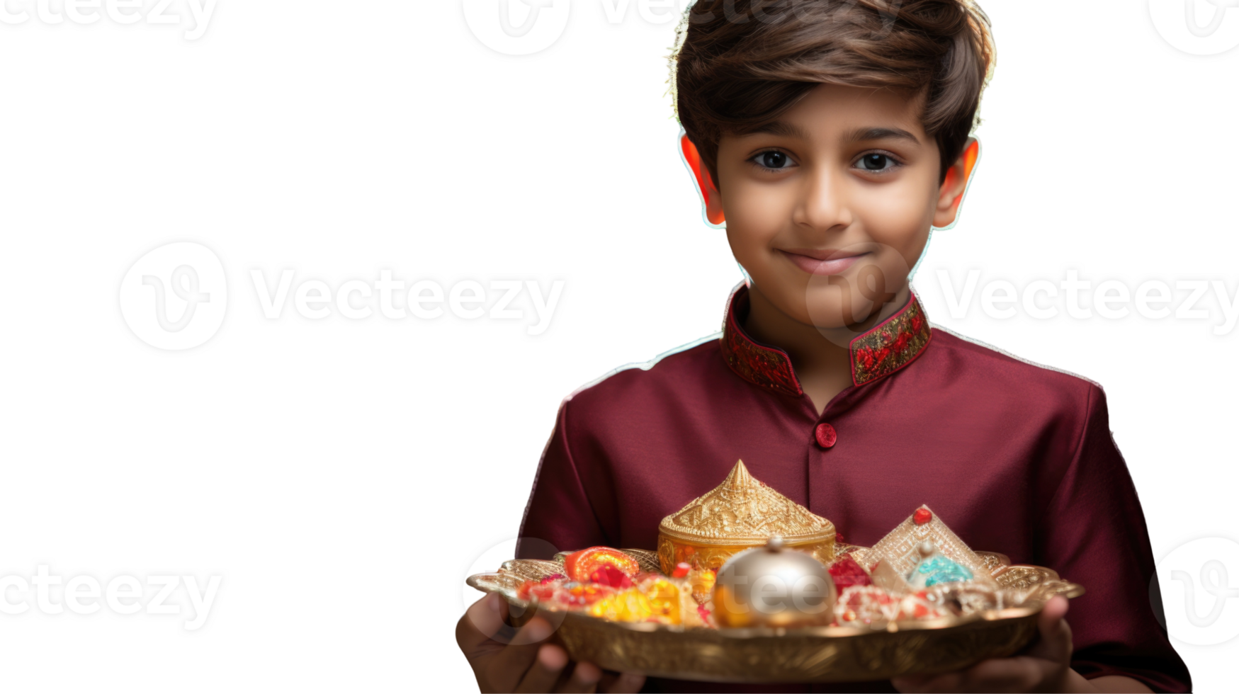 Indian Young Boy Holding Worship Plate on Background Photo for Festival Celebration. png