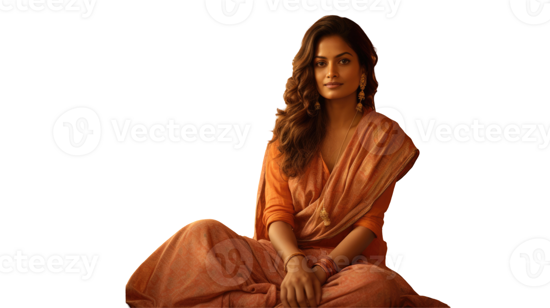Smiling Indian Woman Sitting in Orange Saree Photo . png