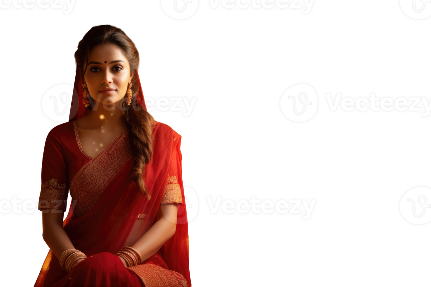 Beautiful Indian Woman Photo in Red Saree on Background. png