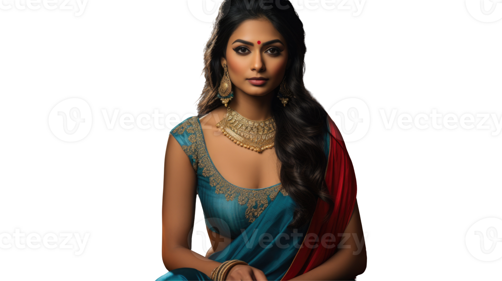 Beautiful Indian Woman Photo in Blue and Red Saree on Background. png