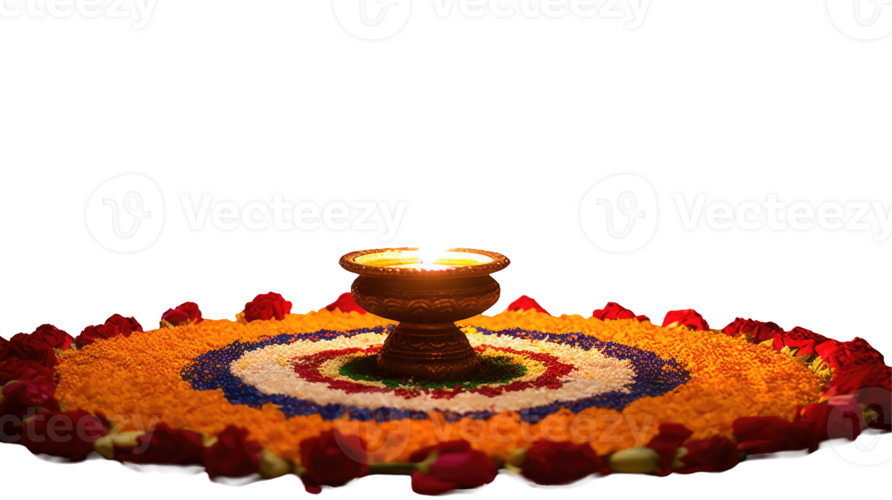 Happy Diwali Celebration - Beautiful Flower Rangoli Decorated with Illuminated Diya on Surface. png