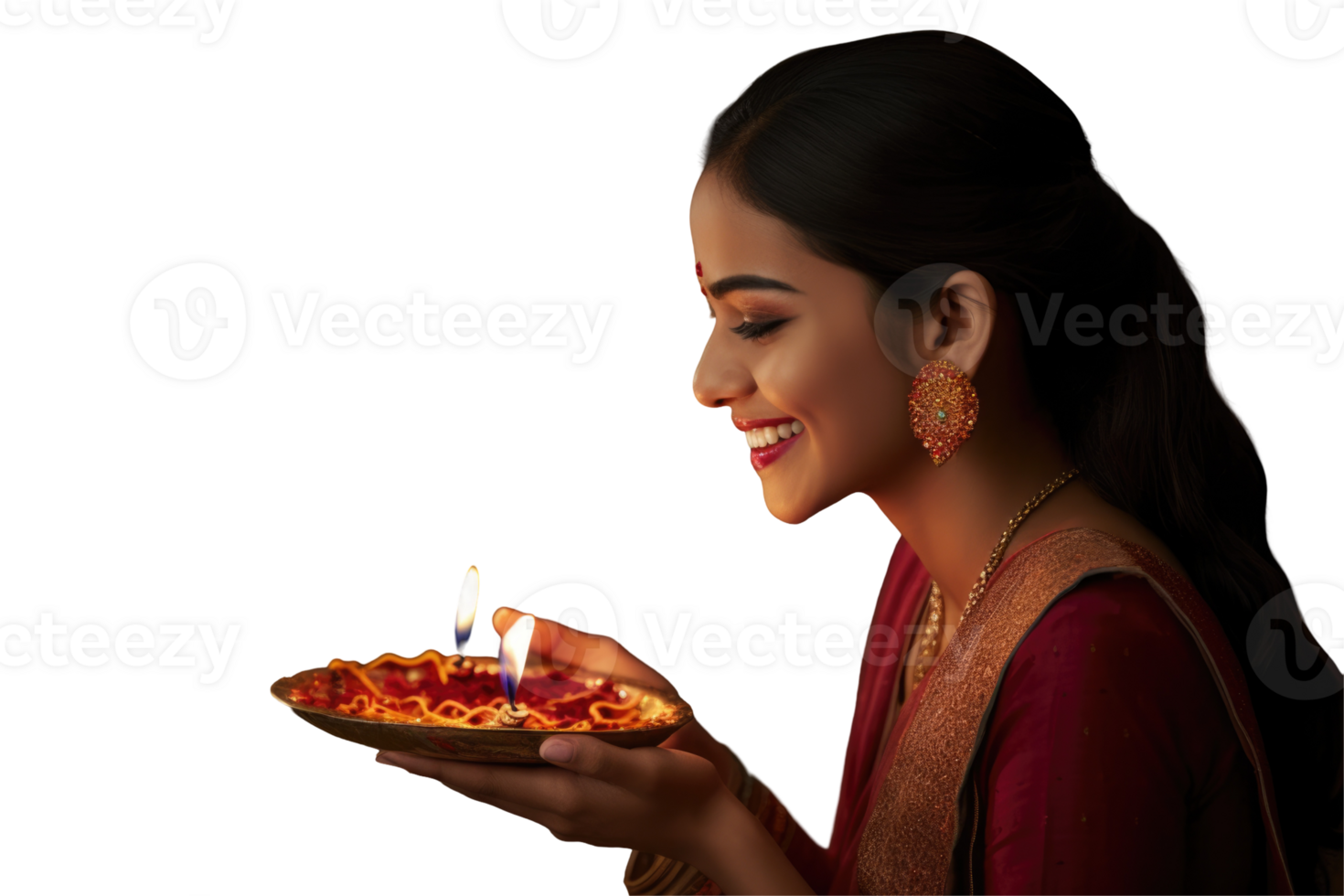 Beautiful Indian Woman Photo with Illuminated Oil Lamps Plate for Happy Diwali Celebration . png