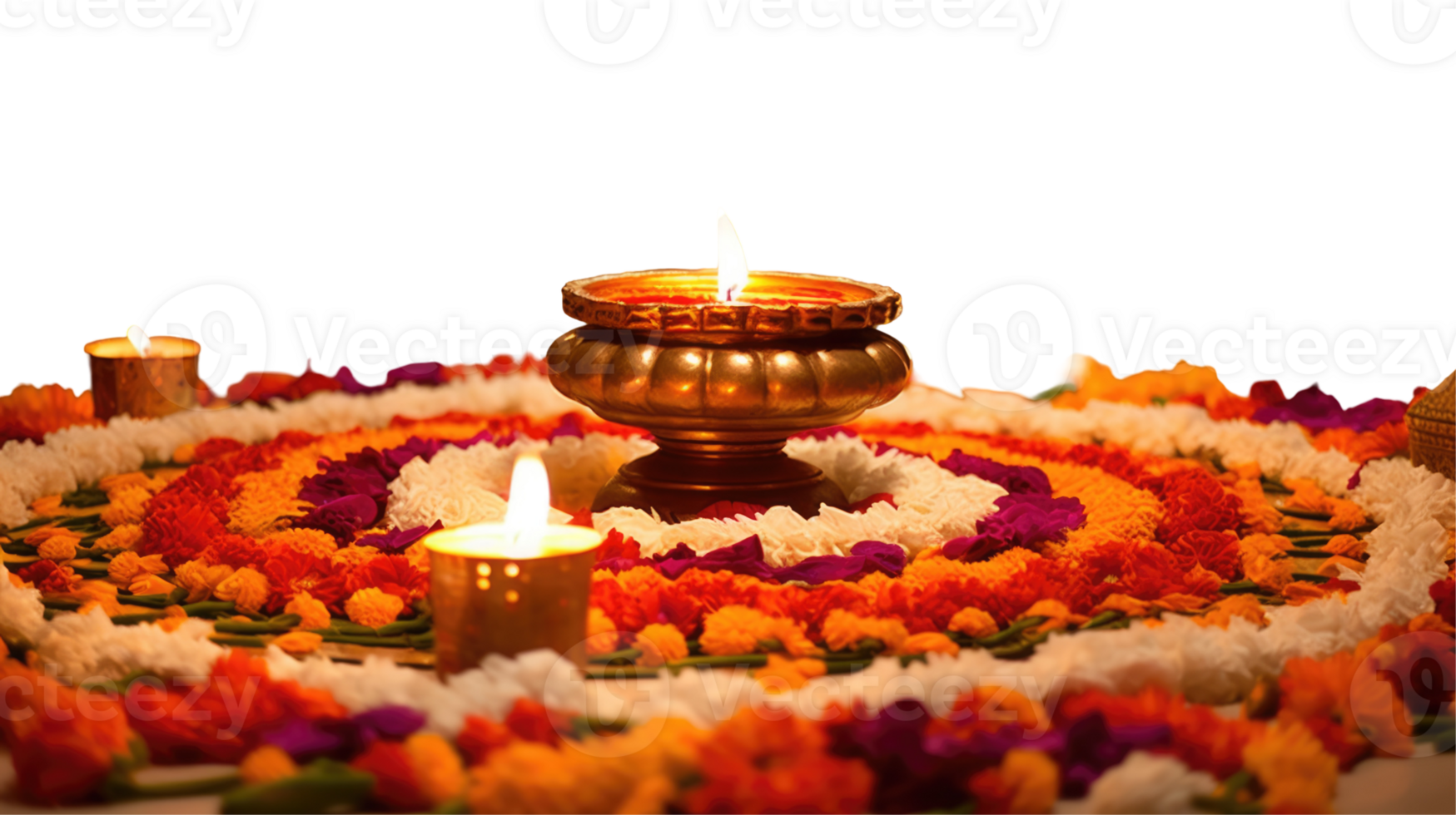 Happy Diwali Celebration - Beautiful Flower Rangoli Decorated with Illuminated Diya on Surface. png