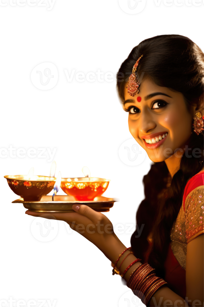 Beautiful Indian Woman Photo with Illuminated Oil Lamps Plate for Happy Diwali Celebration . png