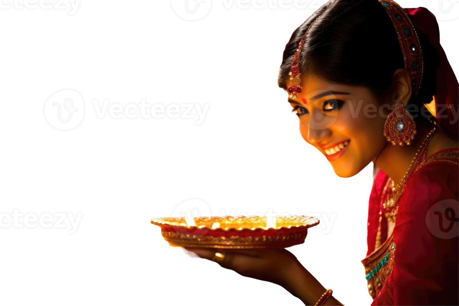 Beautiful Indian Woman Photo with Illuminated Oil Lamps Plate for Happy Diwali Celebration . png