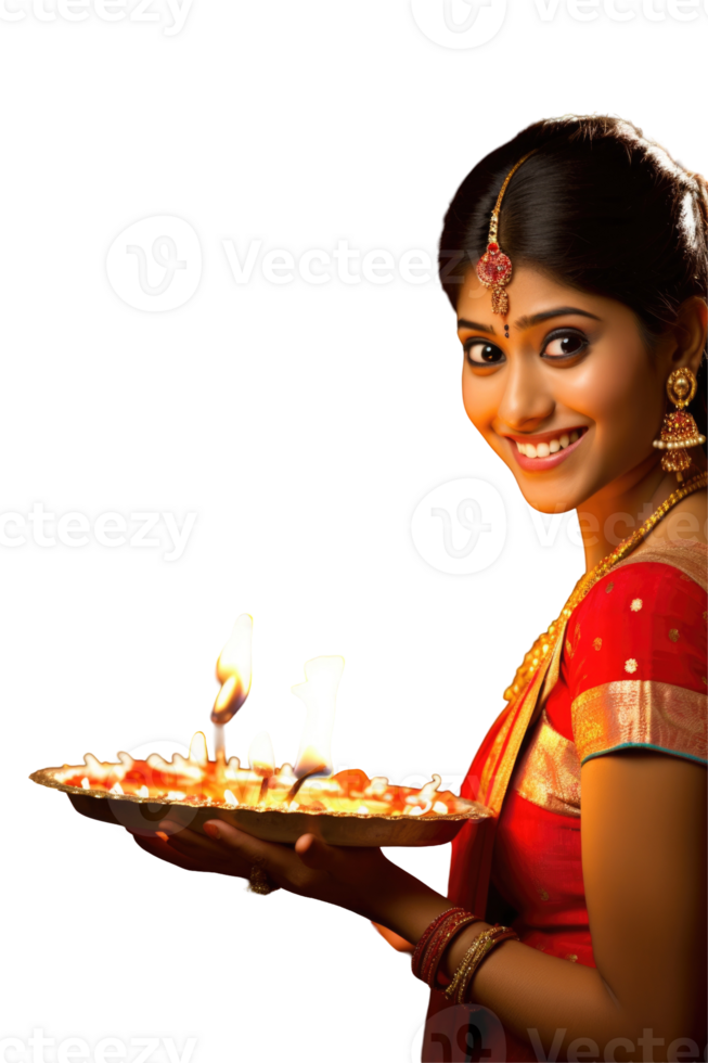 Beautiful Indian Woman Photo with Illuminated Oil Lamps Plate for Happy Diwali Celebration . png