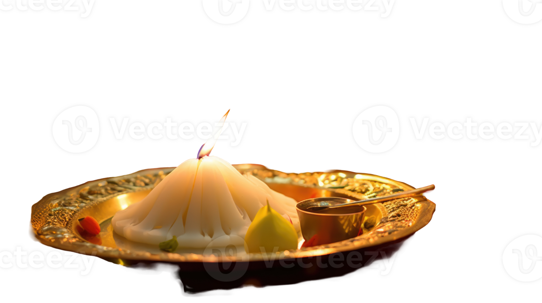 Realistic Golden Worship Plate Filled with Illuminated Oil Lam and Foods for Happy Diwali or Chhath Puja. png