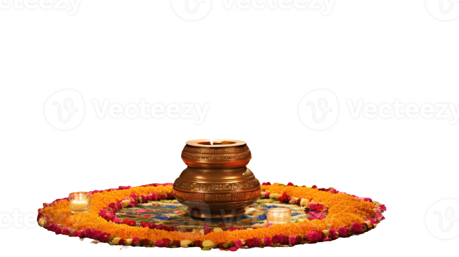 Happy Diwali Celebration - Beautiful Flower Rangoli Decorated with Illuminated Diya on Surface. png