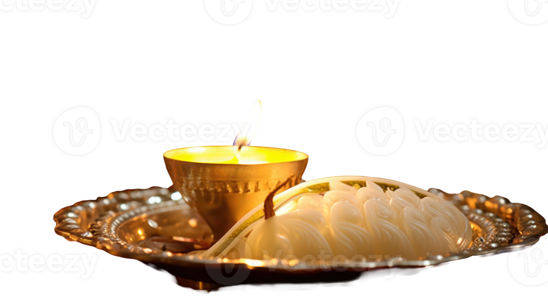 Realistic Golden Worship Plate Filled with Illuminated Oil Lamp and Foods for Happy Diwali or Chhath Puja. png