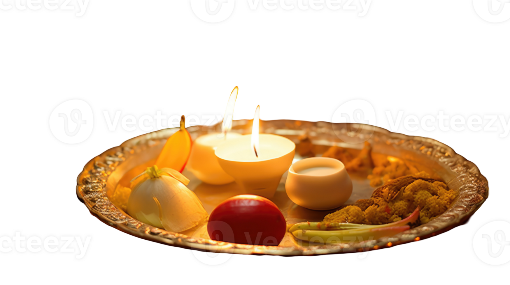 Realistic Golden Worship Plate Filled with Illuminated Oil Lamp for Happy Diwali or Chhath Puja. png