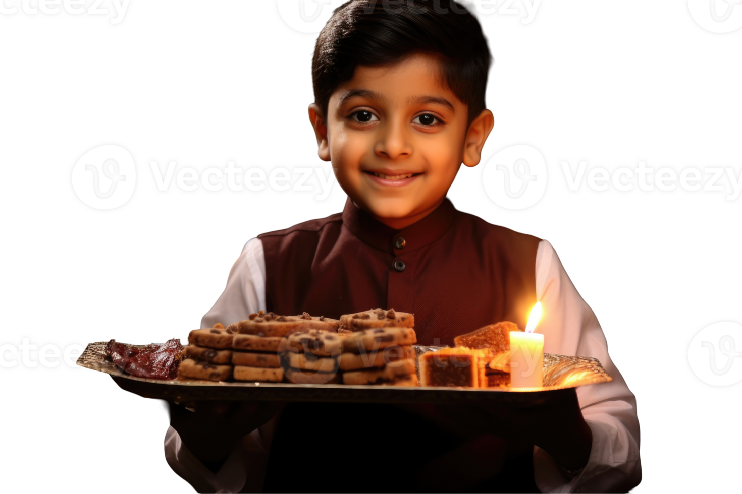 Indian Young Boy Holding a Plate of Delicious Foods on Background Photo for Festival Celebration. png