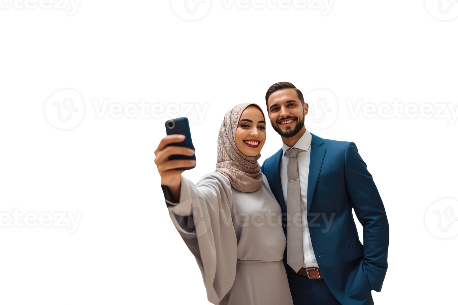 Young Arab Professional Man and Woman Taking a Selfie Their Smartphone. Created Character By . png