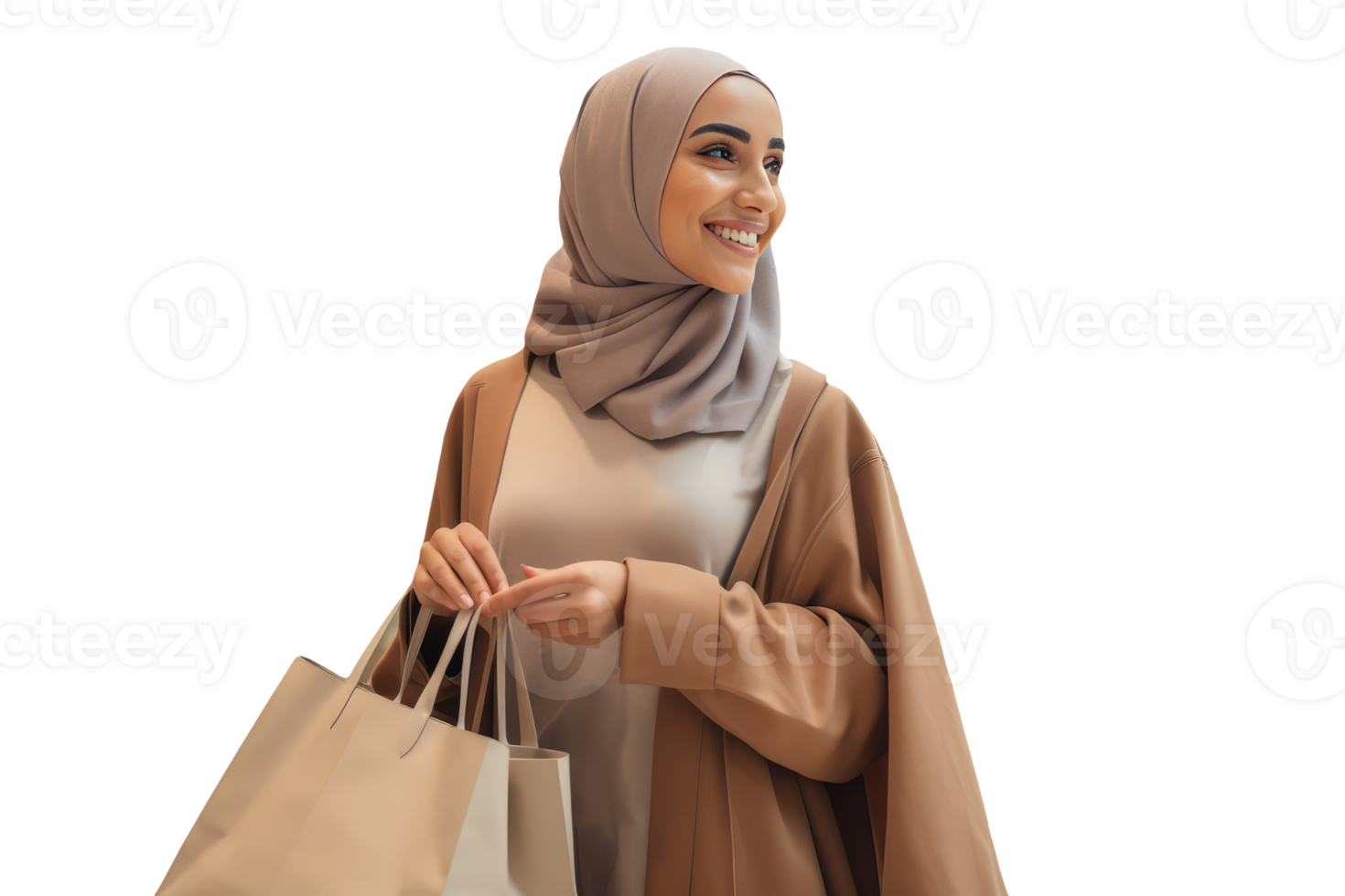 Side View of Cheerful Muslim Lady In Fashionable Clothes and Veil on Pose Her Shopping Bag. Created Character By . png