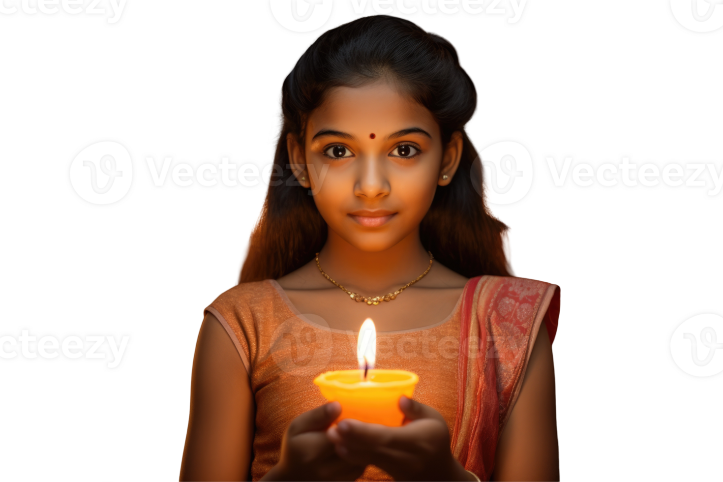 Young Indian Girl Photo with Illuminated Diwali Oil Lamp on Background. png
