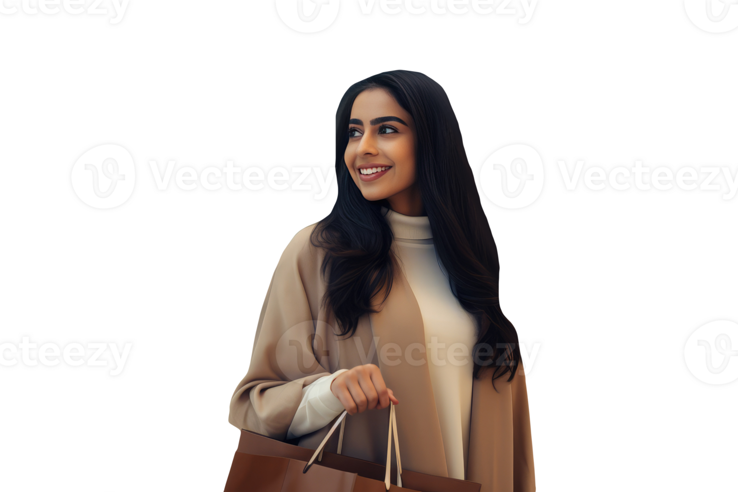 Side View of Cheerful Stylish Lady Holding Shopping Bag in Modern Cloth. Created Character By . png