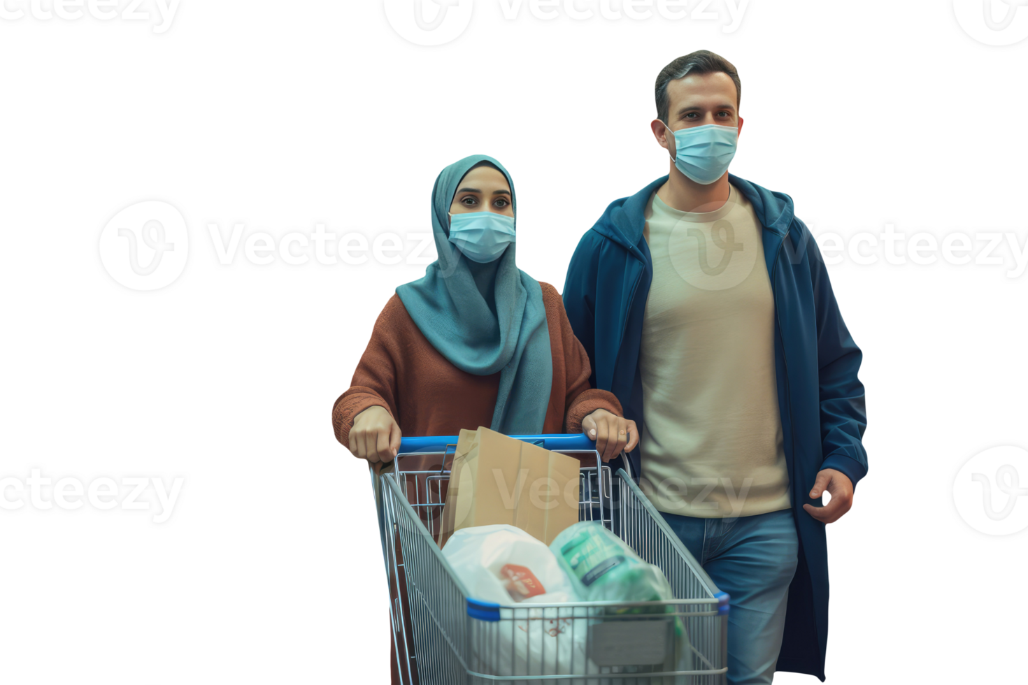 A Arab Woman and Man Holding Shopping Cart, Both Wearing Face Masks. Created Character By . png
