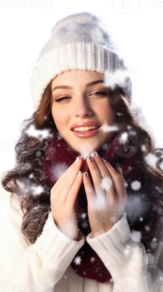 Young Woman Enjoys Snowfall at Winter Vacation, Smiling and Posing for Photo . png
