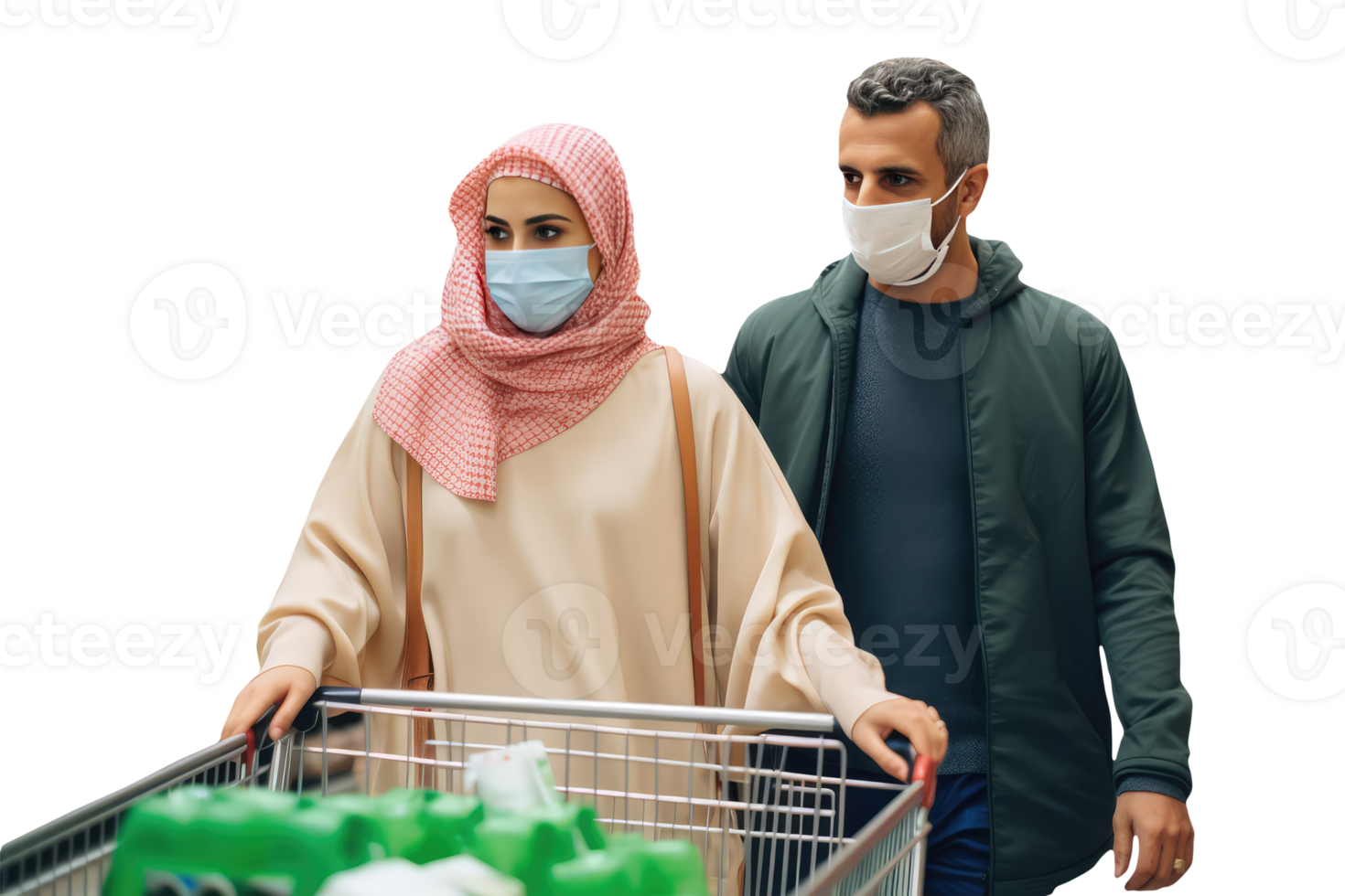 A Arab Woman and Man Holding Shopping Cart, Both Wearing Face Masks. Created Character By . png