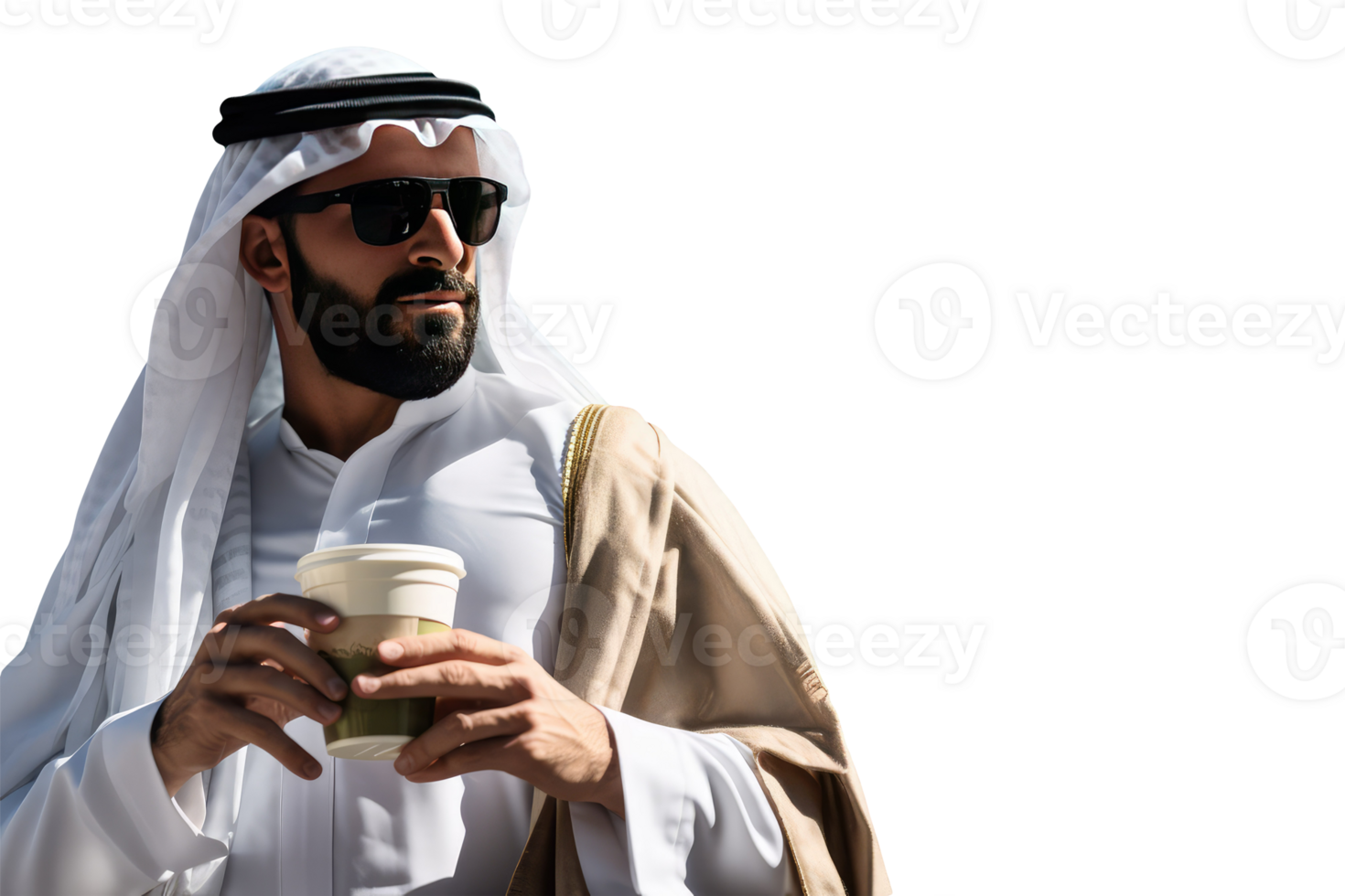 Smart Portrait of Arab Man Wearing Goggles and Posing with a Cup of Tea or Coffee. Created Character By . png