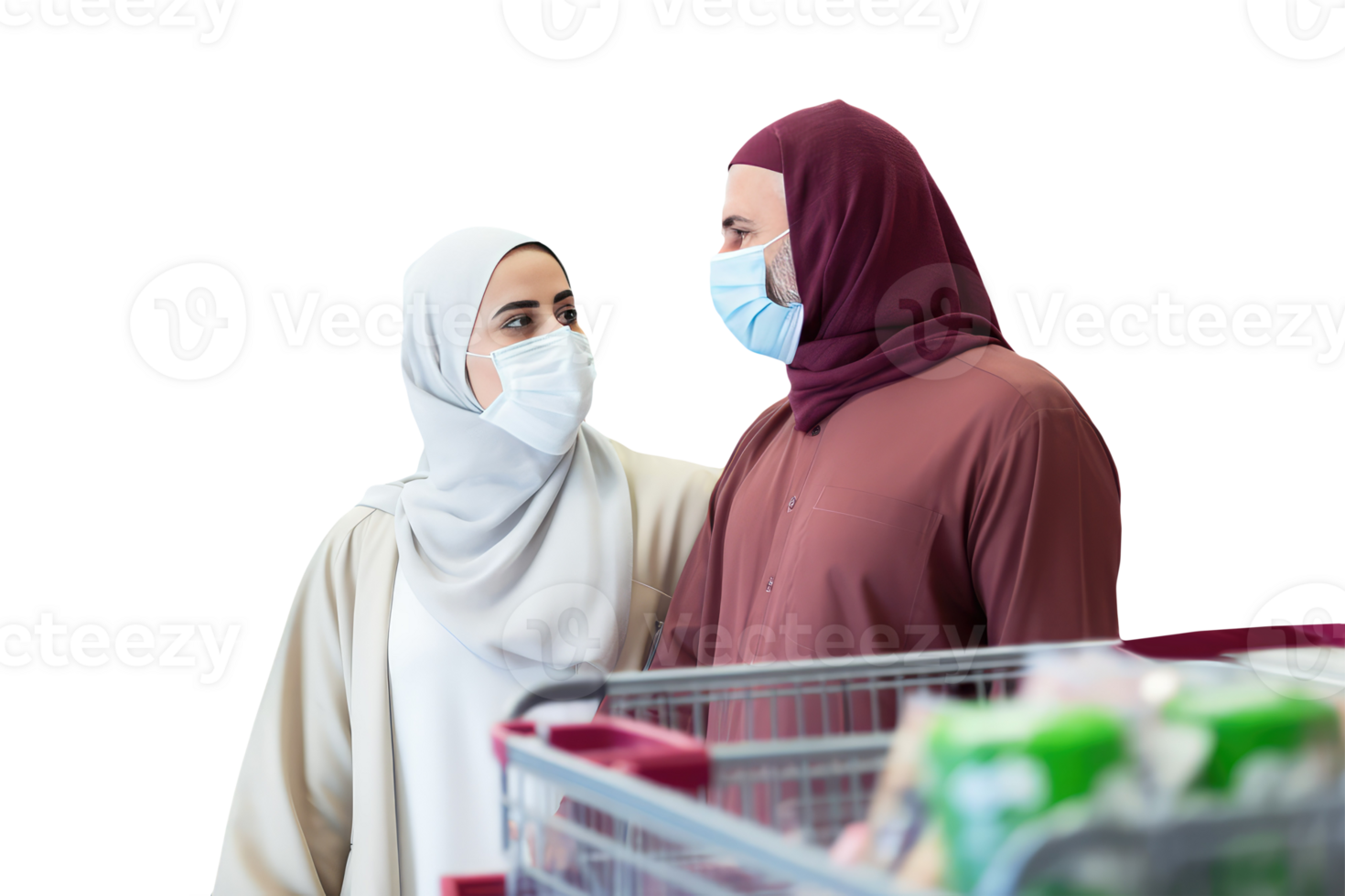 A Arab Woman and Man Holding Shopping Cart, Both Wearing Face Masks. Created Character By . png