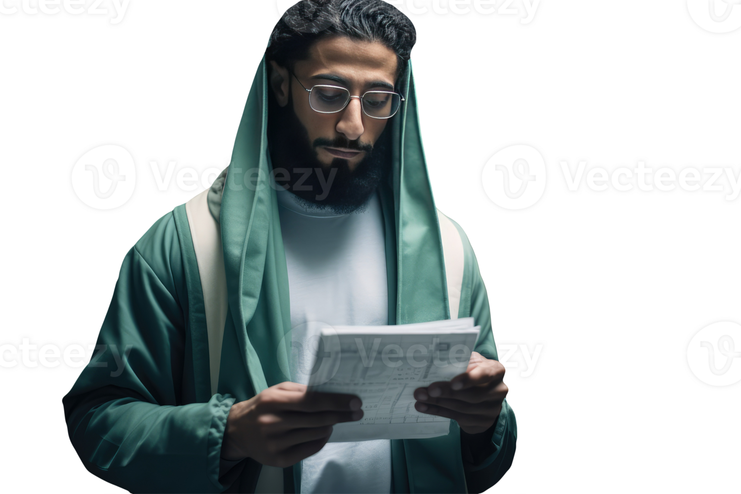 Portrait of Arab Man Reading Paper in Green Robe. Created Character By . png