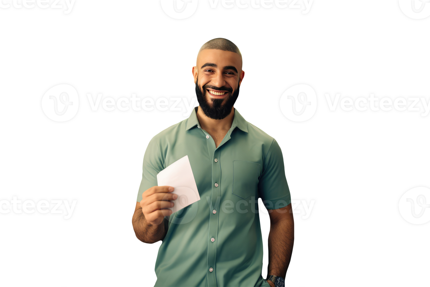 Happy Portrait of a Beard Man Wearing Green Shirt and Holding Letter. Created Character By . png