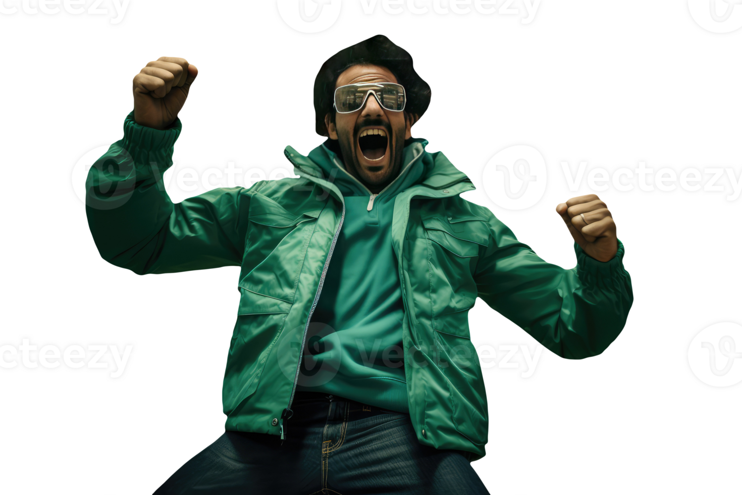 Low ANgle View of Excitement Man Tied Fist Hands in Green jacket and Sunglasses. Created Character By . png