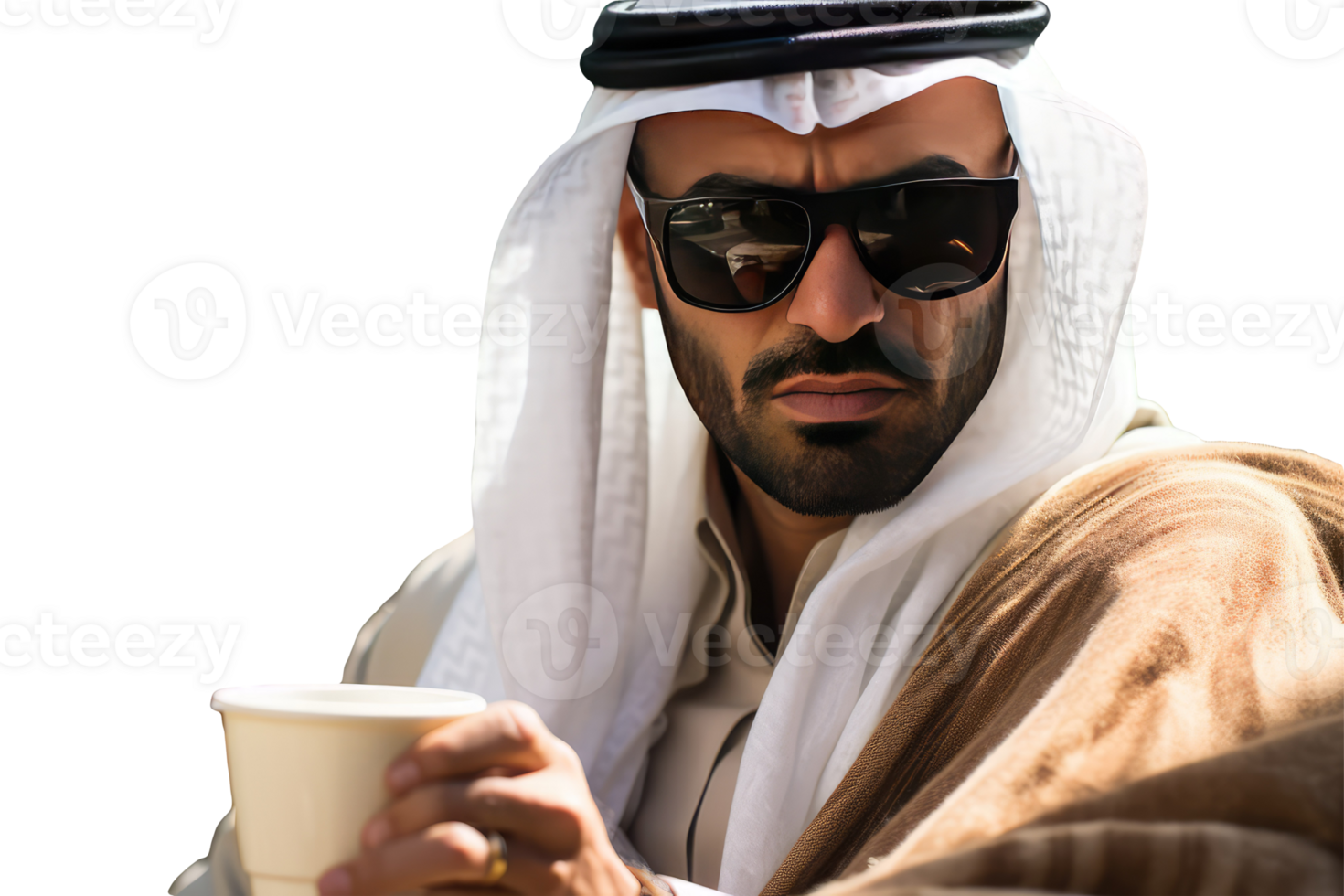Smart Portrait of Arab Man Wearing Goggles and Posing with a Cup of Tea or Coffee. Created Character By . png