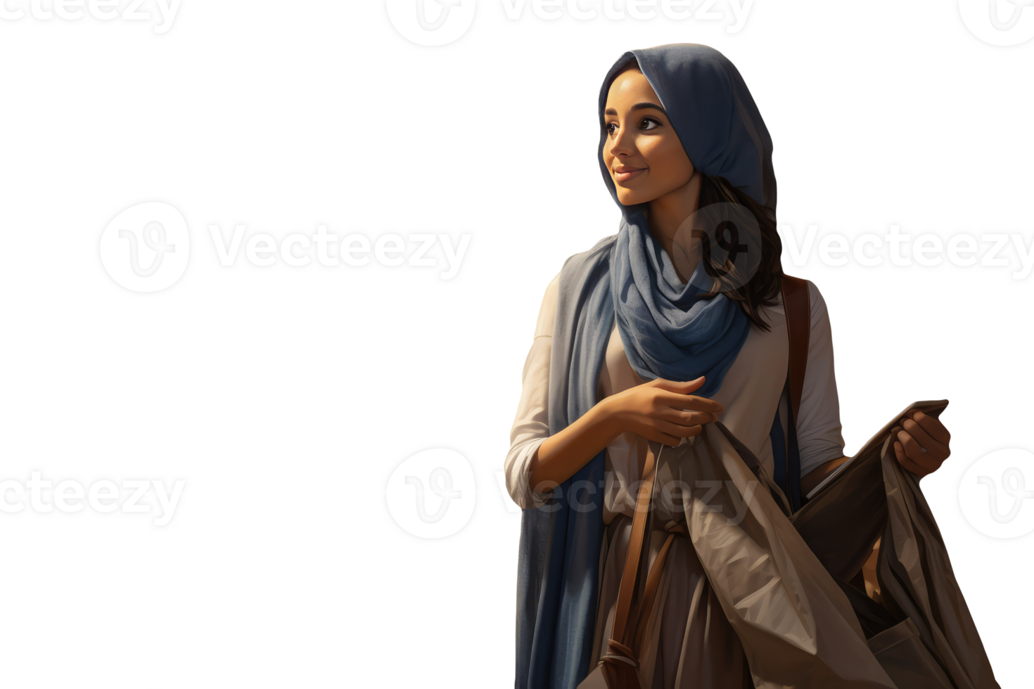 Cheerful Muslim Lady In Fashionable Clothes and Veil on Pose Her Bag. Created Character By . png