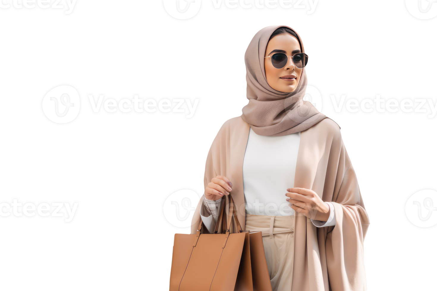 Smiling Muslim Lady In Fashionable Clothes and Veil with Goggles on Posed Shopping Bag. Created Character By . png