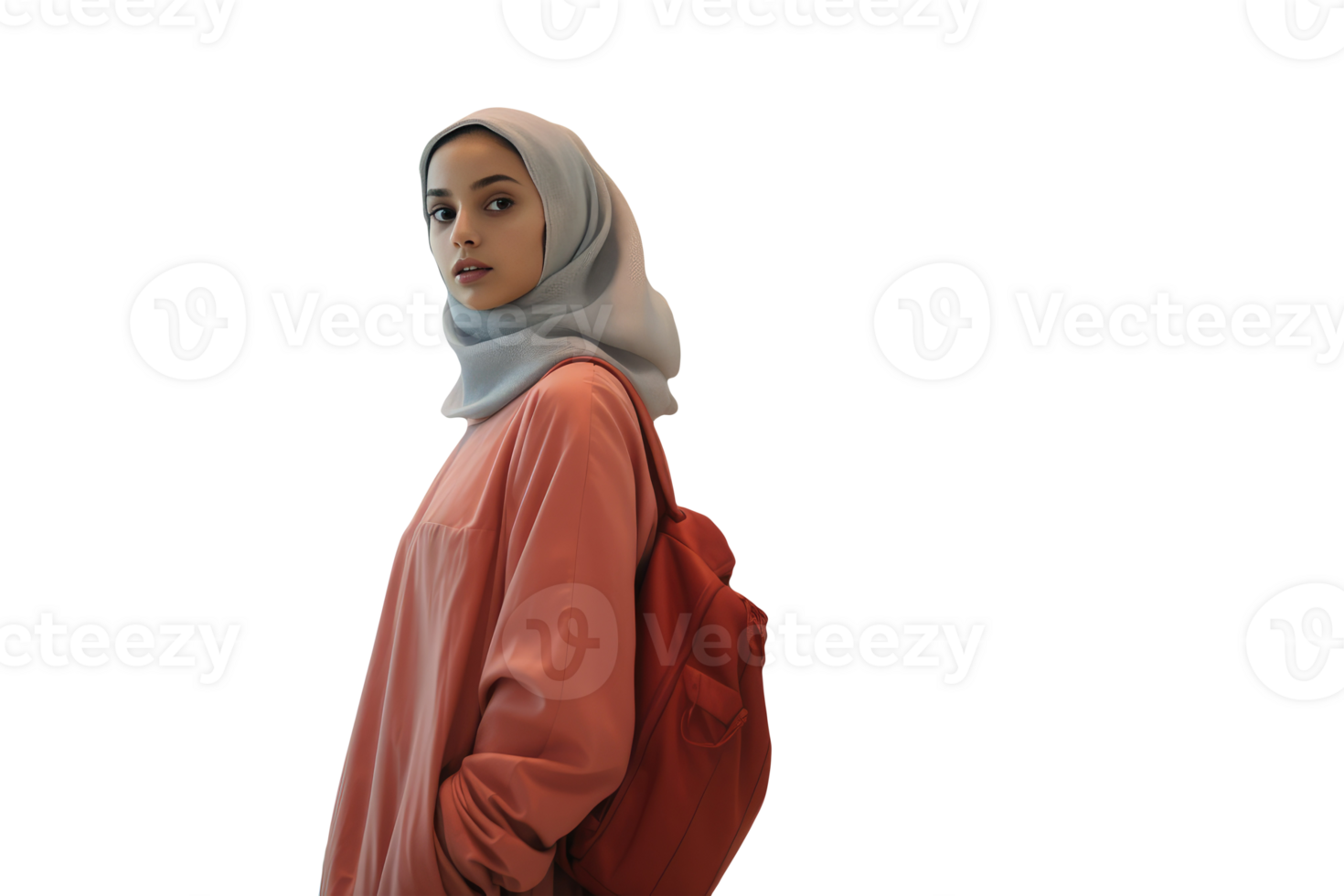 Cheerful Muslim Lady In Fashionable Clothes and Veil on Pose Her Bag. Created Character By . png