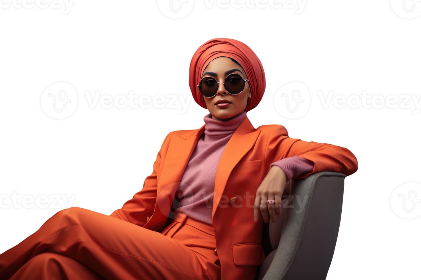 A Stylish Woman Wearing Orange Business Suit, Turban and Sitting in Chair. Created Character By . png