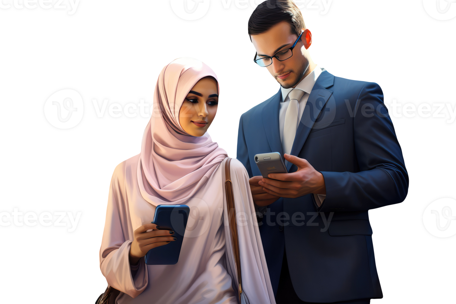 A Business Muslim Woman and Man Both Using their Smartphones. Created Character By . png