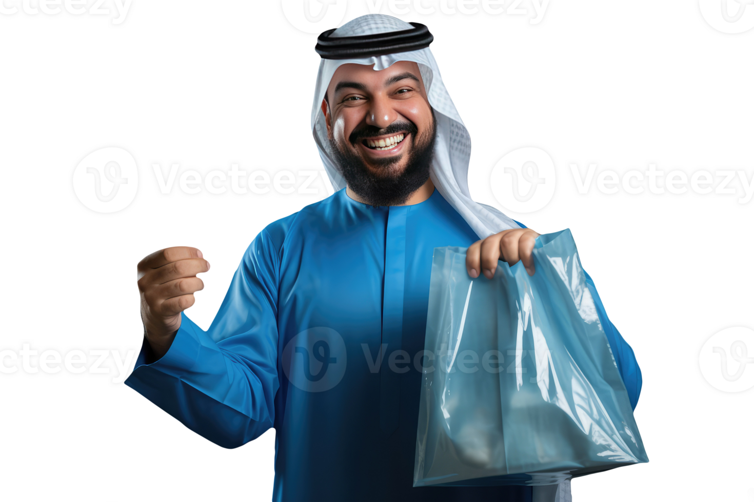 A Cheerful Arab Man Holding Blue Bag in Traditional Attire.. Created Character By . png