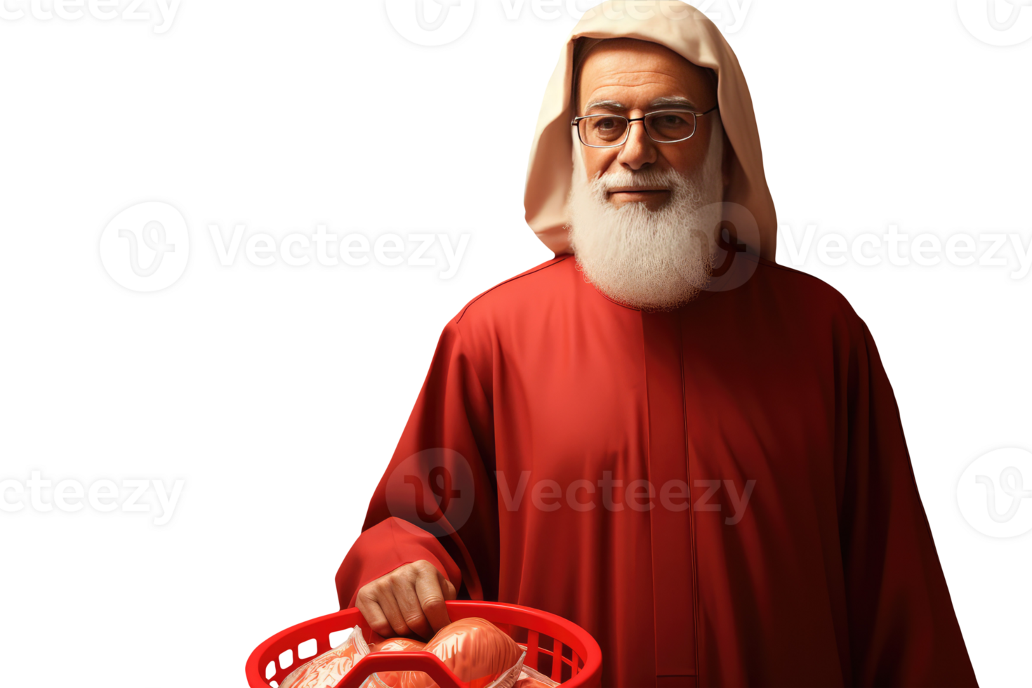 Elderly Muslim Man Holding a Basket Full of Various Fruits. Created Character by . png