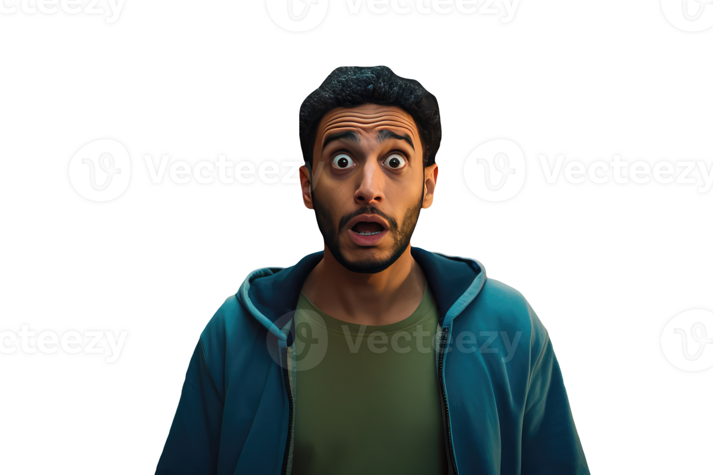 Surprised Expression on Young Man Face in Blue Jacket. Created Character By . png