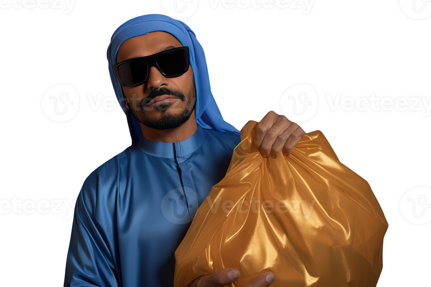 Muslim Man in Blue Tradiitonal Attire and Carrying a Gold Bag. Created Character By . png