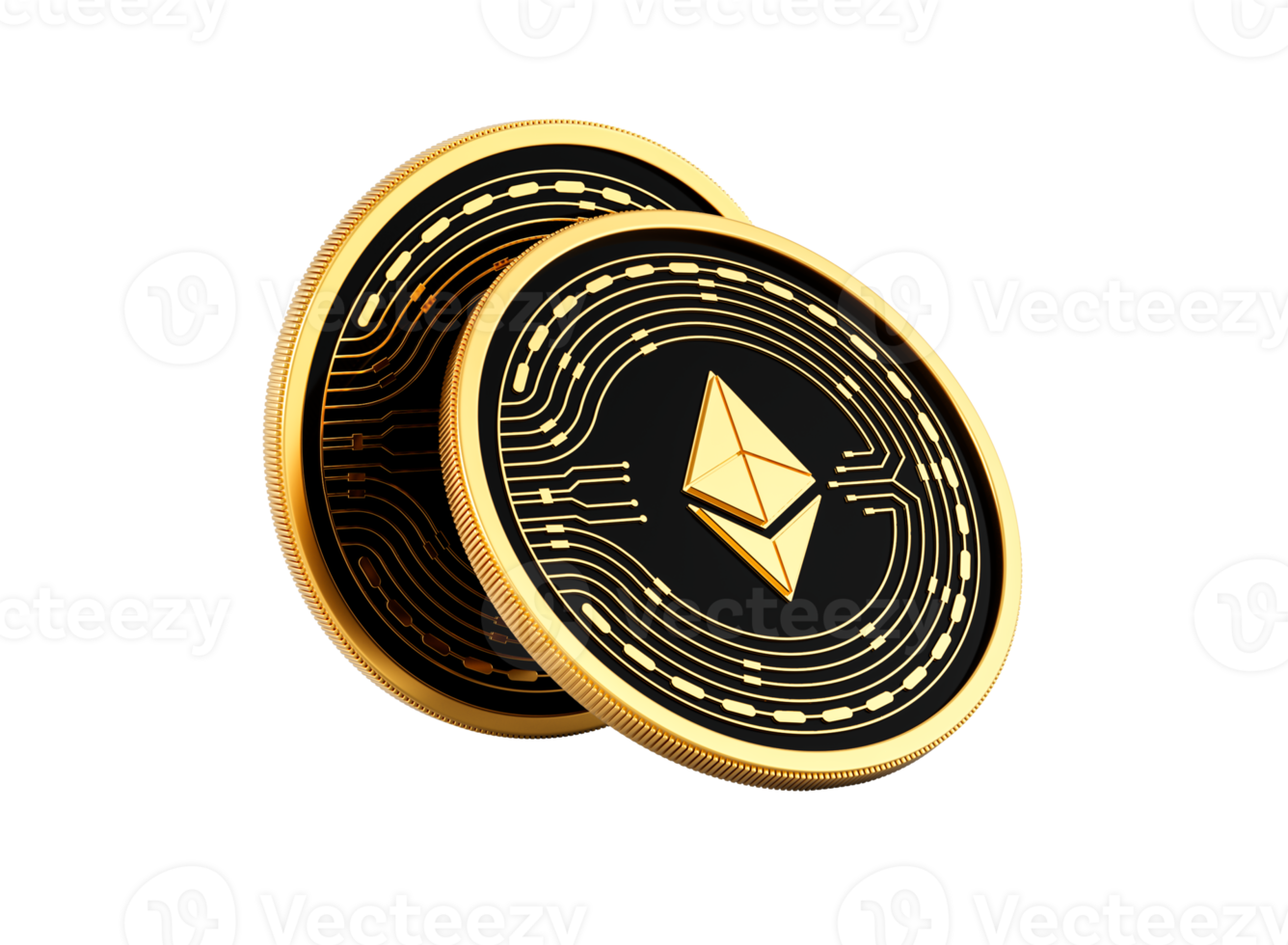 3d Two Golden And Black Rounded Cryptocurrency Ethereum Coins 3d Illustration png
