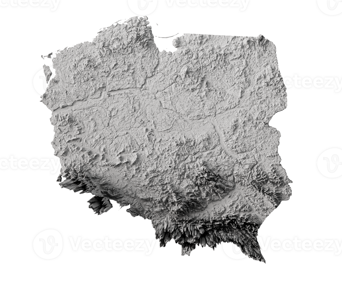 3d Poland Map Black And White Shaded Relief Hypsometric Map On Black 3d illustration png