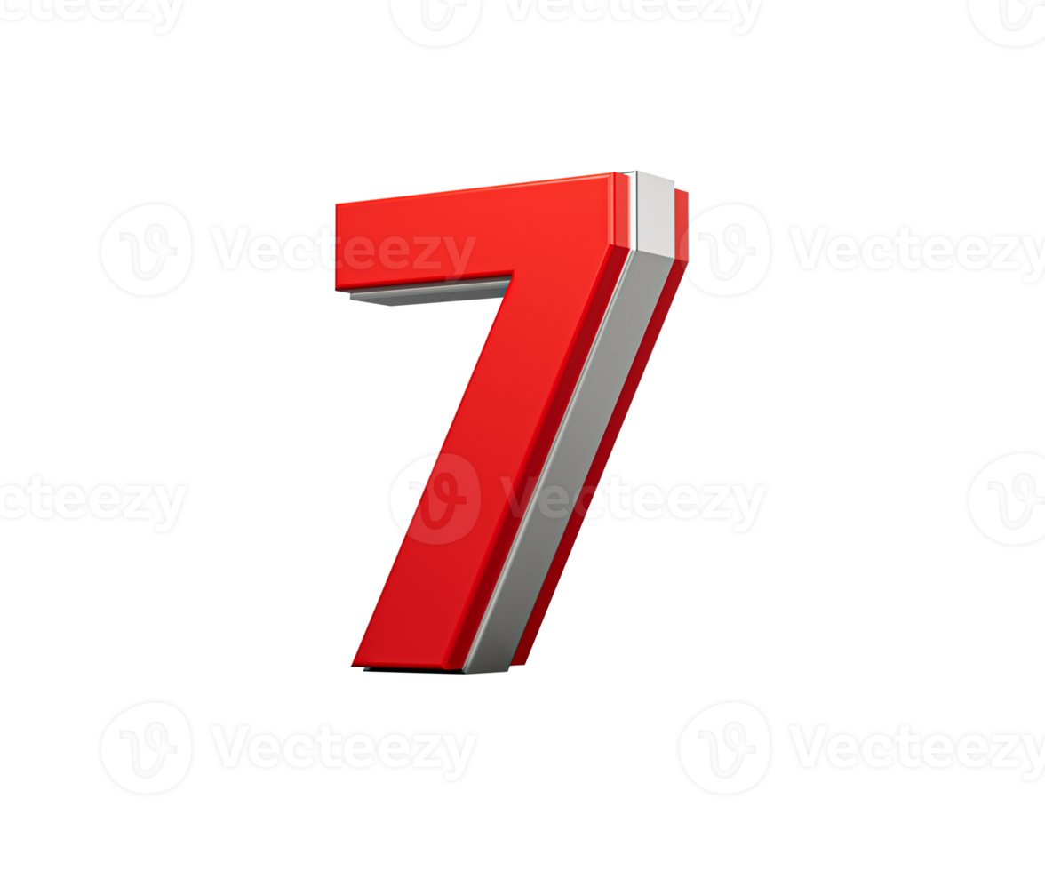 Bold Vibrant Red Number Seven Number 7 With Sleek Metallic Gleam 3D Illustration png