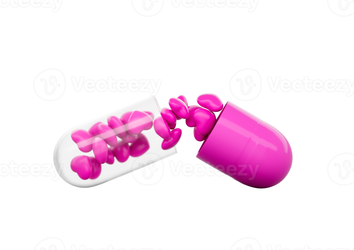An Open Pink And Glossy Capsule With Minimal Heart Shaped Pills Spilling Out 3D Illustration png