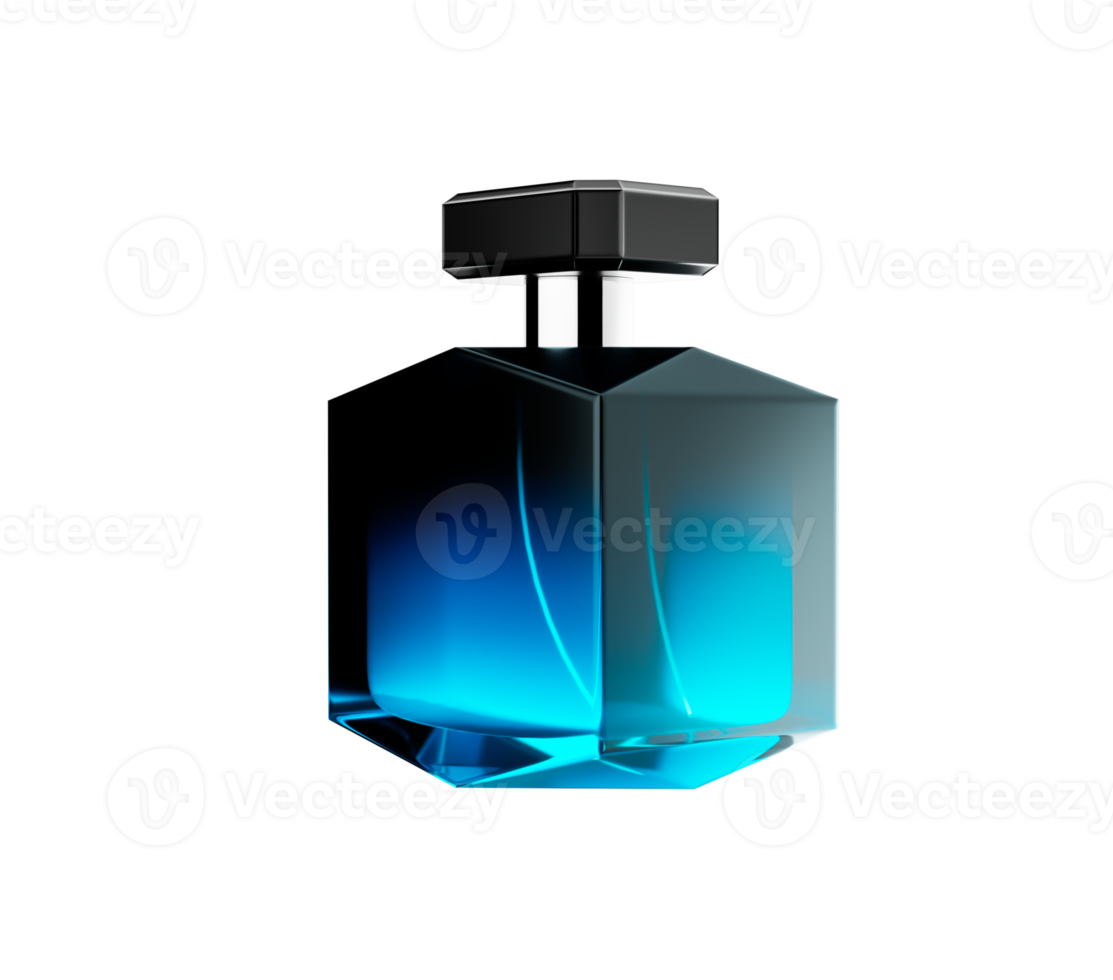 Blue Glass Perfume Bottle With A Shiny Black Cap Glimmers On A Reflective Base 3D Illustration png